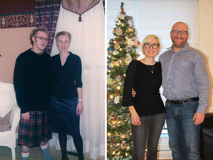 Side-by-side before and after photos of a couple showcasing heartwarming transformation and happiness.