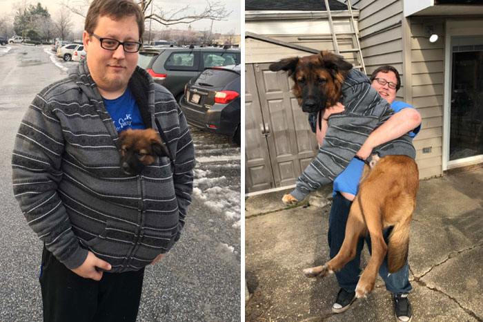 Hombre con perro dentro de su chaqueta mostrando una transformación increíble de tamaño y espacio seguro para animales.