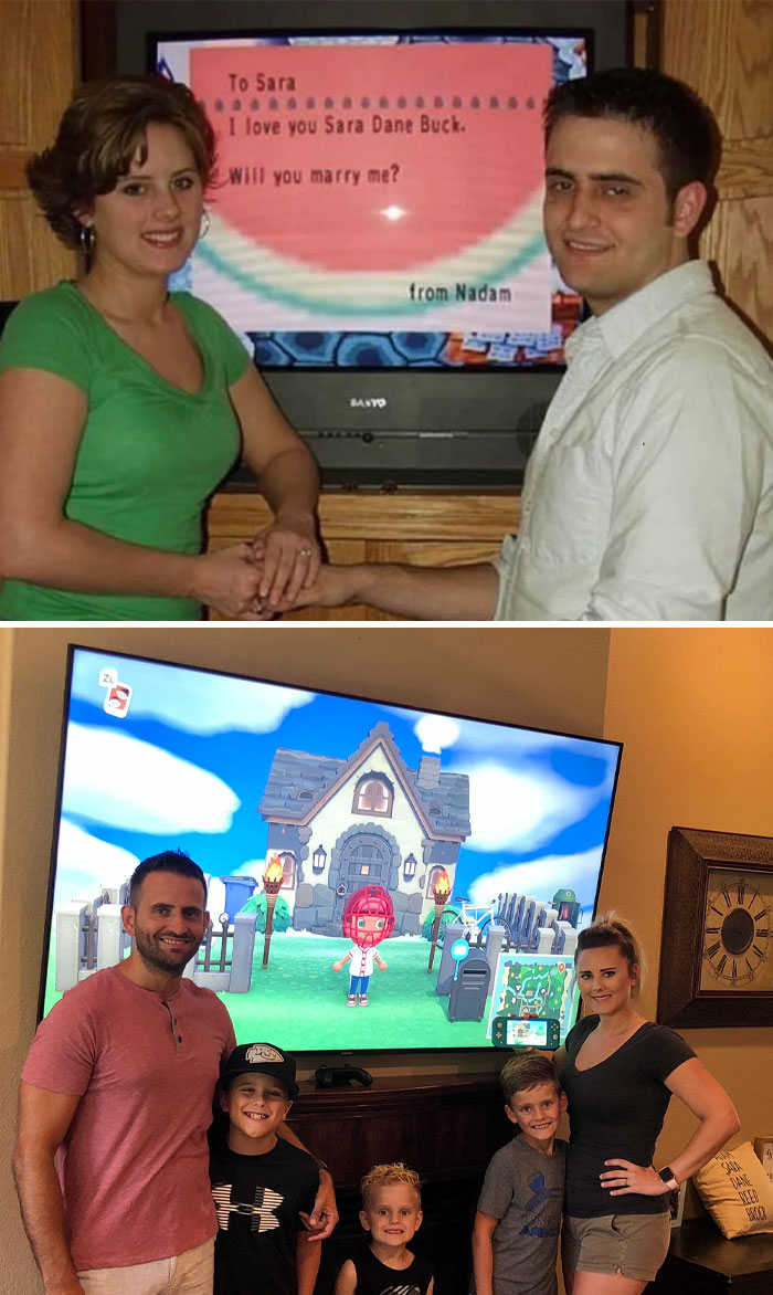 Heartwarming before and after photos showing a couple's journey from proposal to family life with kids.