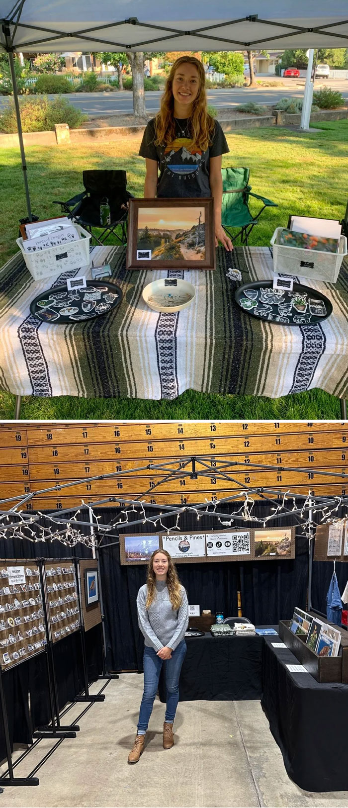 Young woman showcasing before and after photos of her art booth setup at outdoor and indoor markets, highlighting heartwarming transformation.