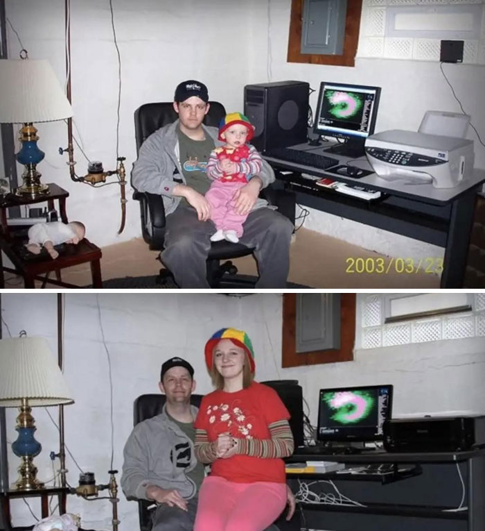 Before and after photo of a father and daughter in the same room showing a heartwarming family moment.