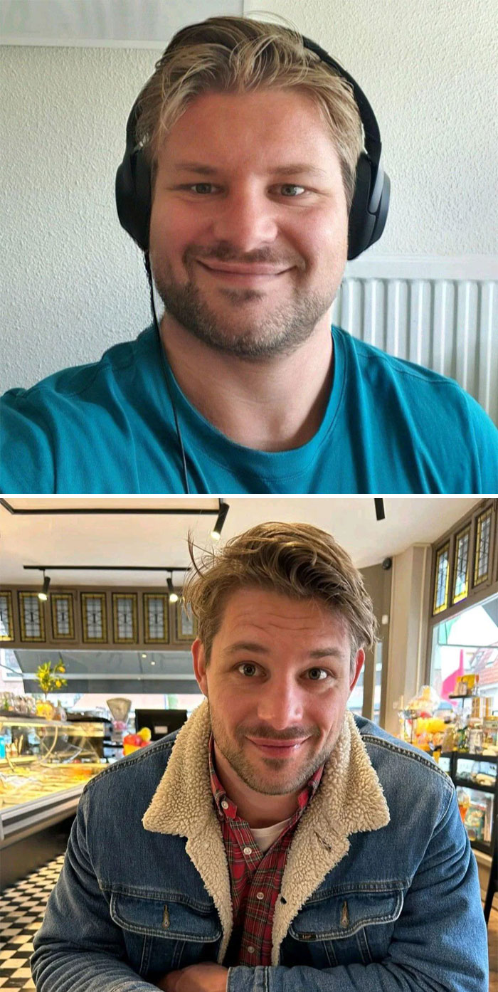 Two before and after photos of a man showing heartwarming transformation with natural smiles and different settings.