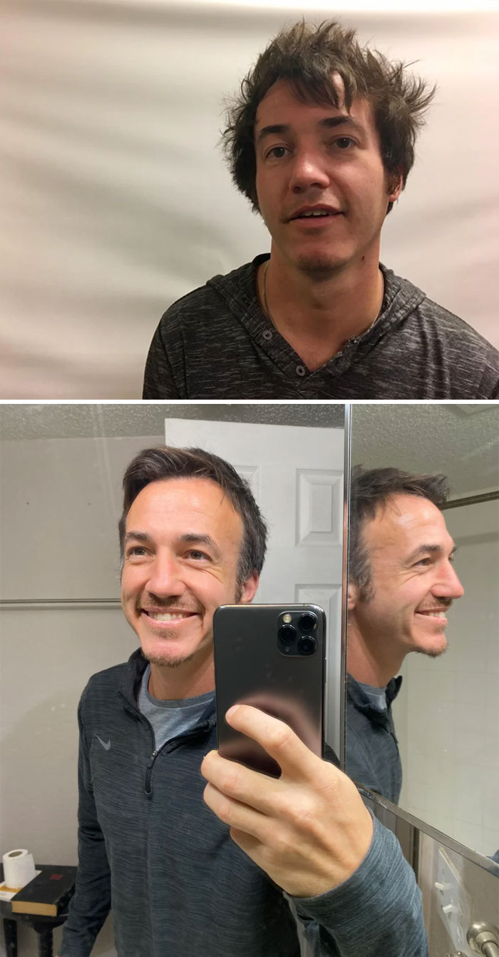 Hombre antes y después de una transformación increíble mostrando cambio en apariencia y estilo personal.