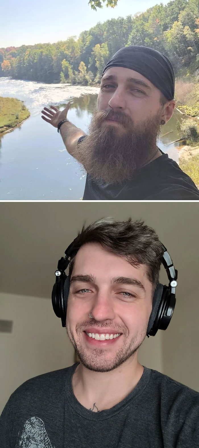 Transformación increíble de hombre con barba larga a rostro limpio, mostrando cambio notable en apariencia personal.