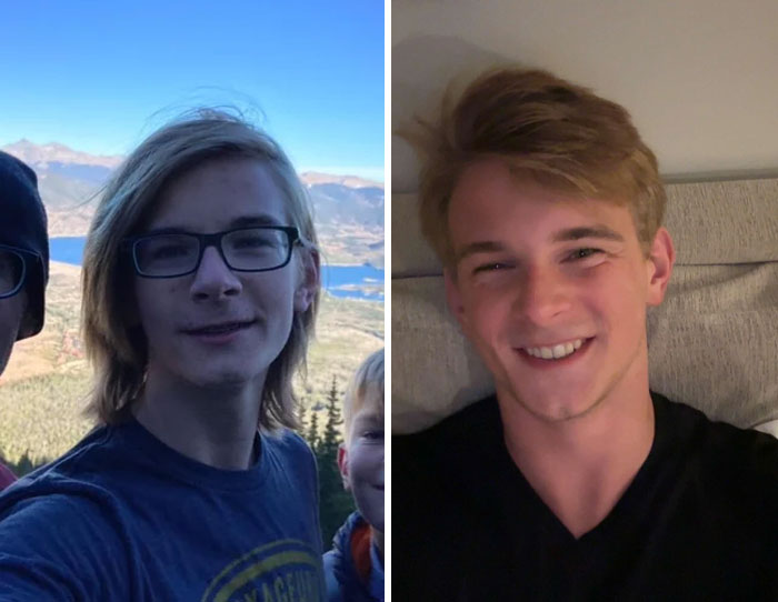 Transformaciones increíbles de persona joven con gafas en exterior y sonriente sin gafas en interior, mostrando cambio notable.