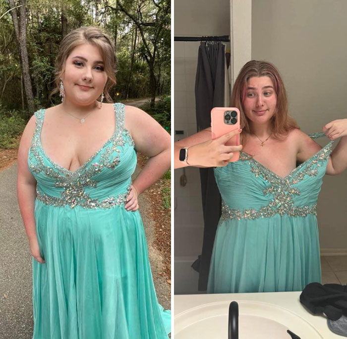 Transformación increíble de mujer mostrando cambio de peso vistiendo el mismo vestido verde con detalles brillantes.
