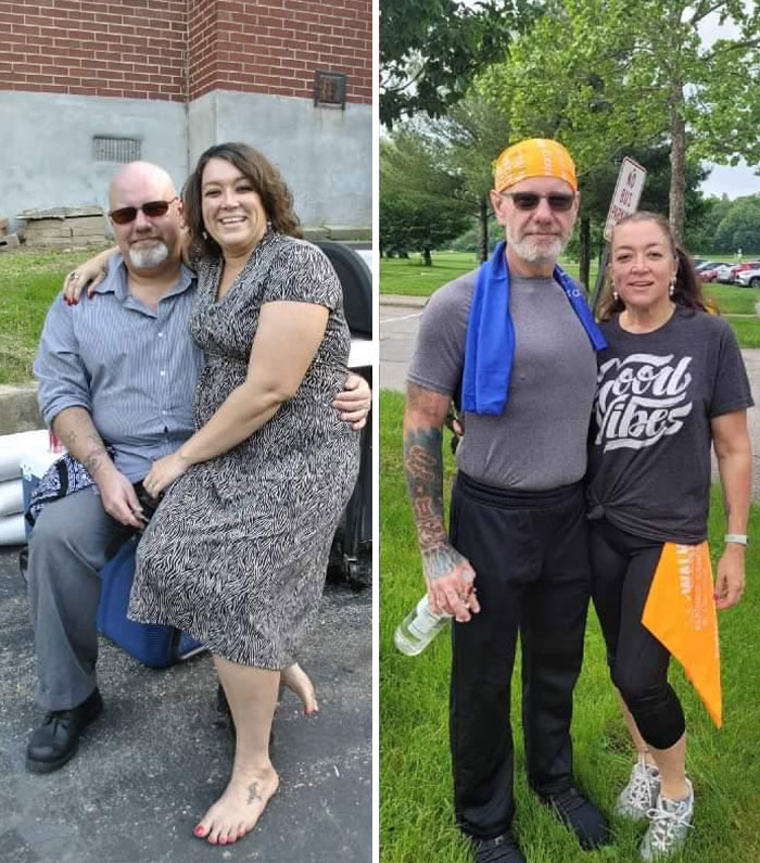 Pareja mostrando transformaciones increíbles de aspecto en dos momentos diferentes, destacando cambios físicos y estilo de vida.