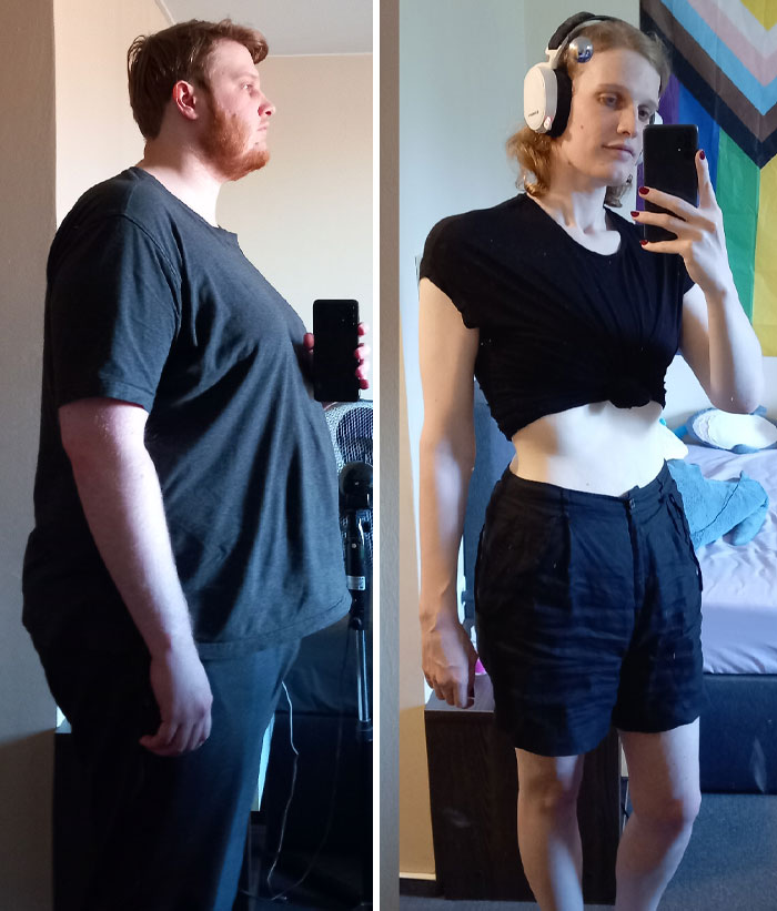 Side-by-side heartwarming before and after photos showing significant personal transformation and weight loss progress.
