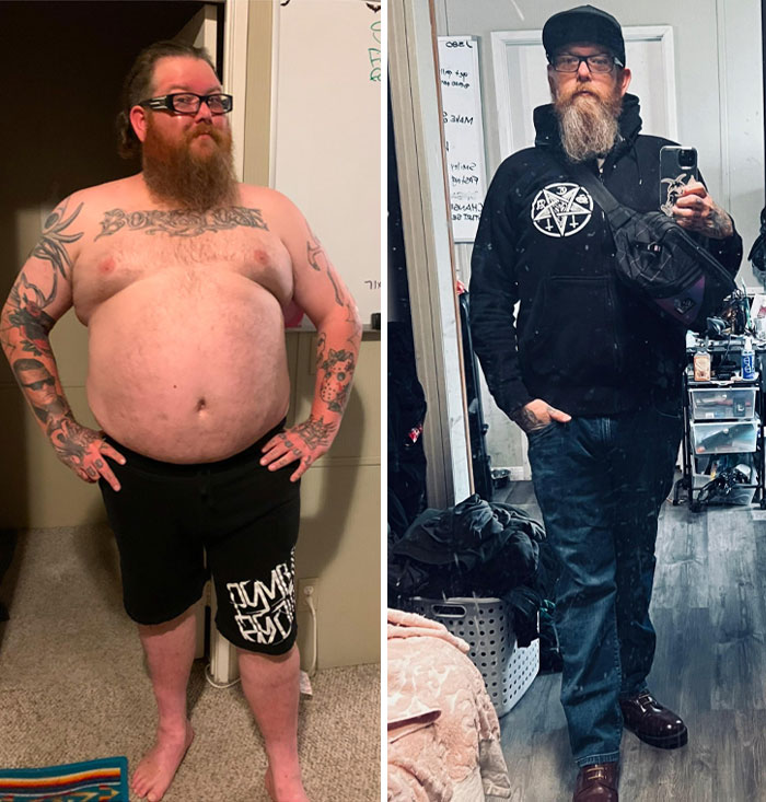 Hombre con transformaciones increíbles de cuerpo y estilo entre dos imágenes tomadas en interiores.