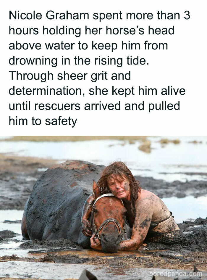 Woman covered in mud hugs a horse to keep it safe from drowning, showcasing the bond between delightful animals and humans.