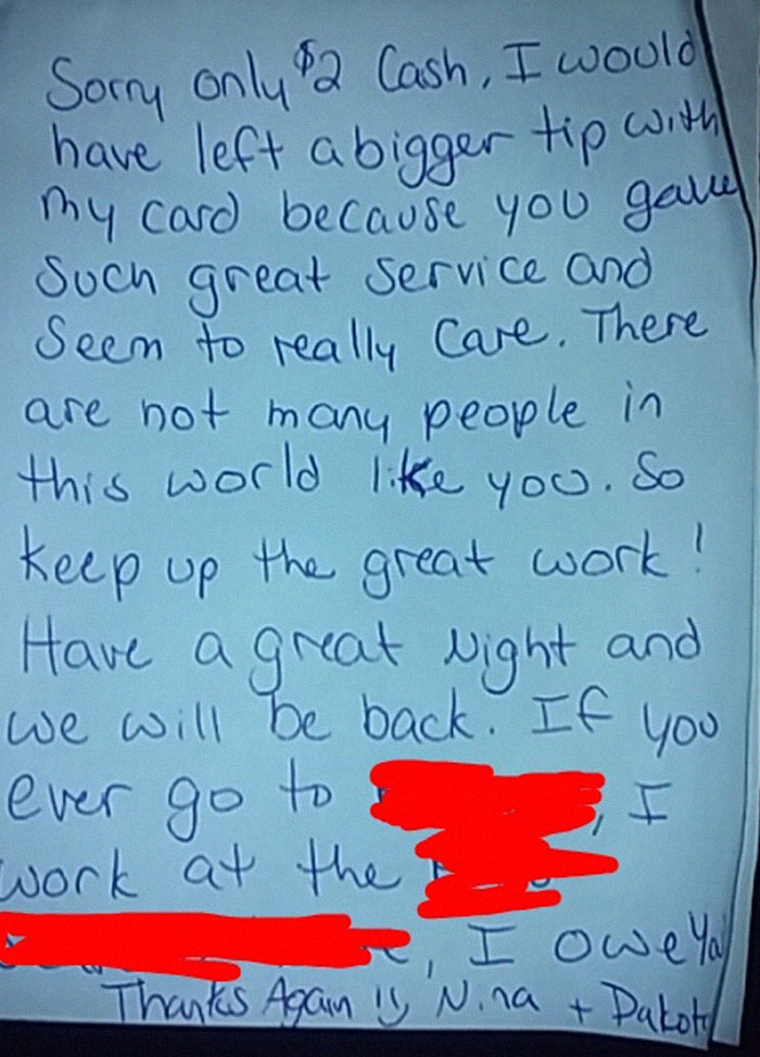 Handwritten note sharing a wholesome interaction with a stranger about great service and appreciation.