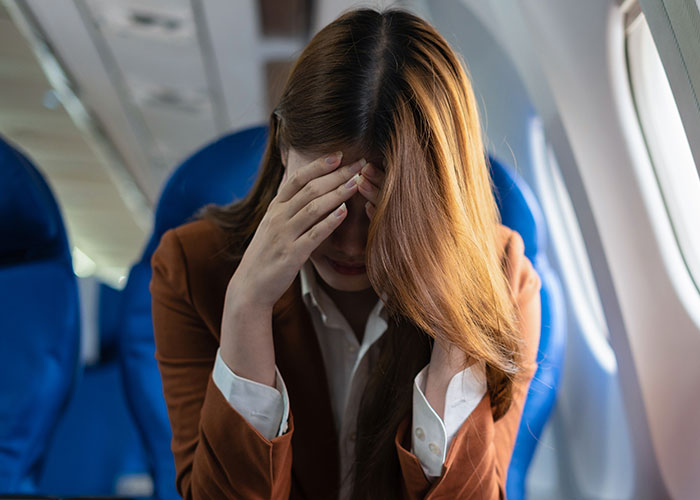 Woman sitting on airplane touching her forehead, reflecting on wholesome interactions with strangers during travel.