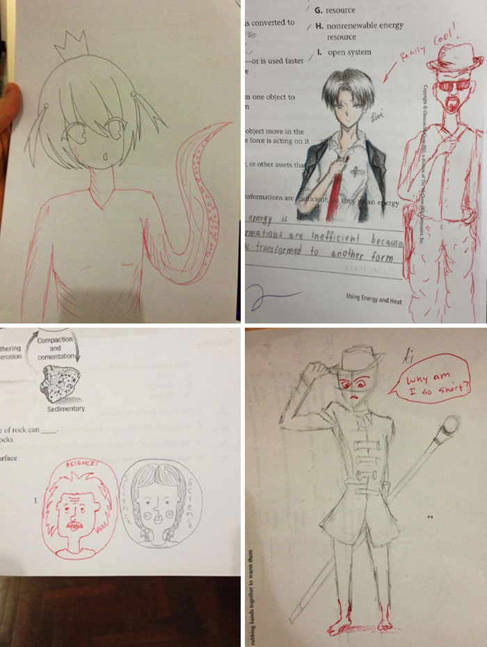 Creative student and teacher drawings on paper showcasing love for art and the teaching profession in school assignments.