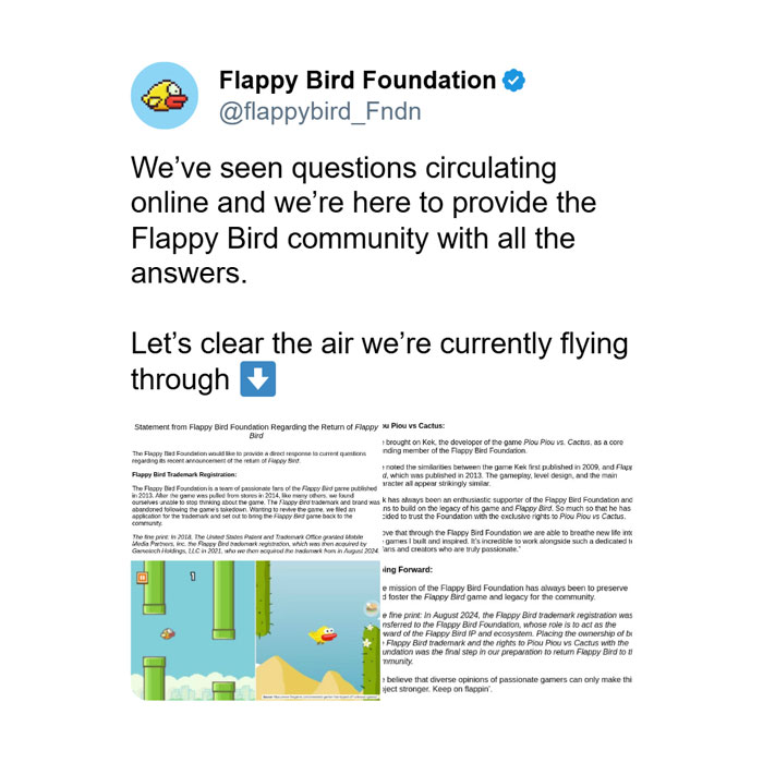 Flappy Bird Foundation tweet addressing questions about Flappy Bird ban and plans for the 2025 revival.