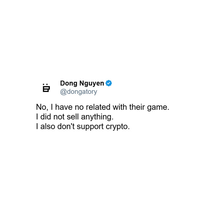 Tweet from Dong Nguyen denying involvement in game sales or crypto, related to Flappy Bird ban and revival discussions.