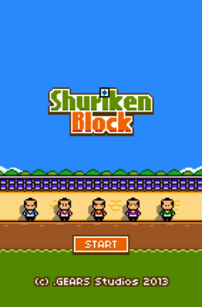 Pixelated game title Shuriken Block with five small ninja characters and a start button, related to Flappy Bird banned game topic.