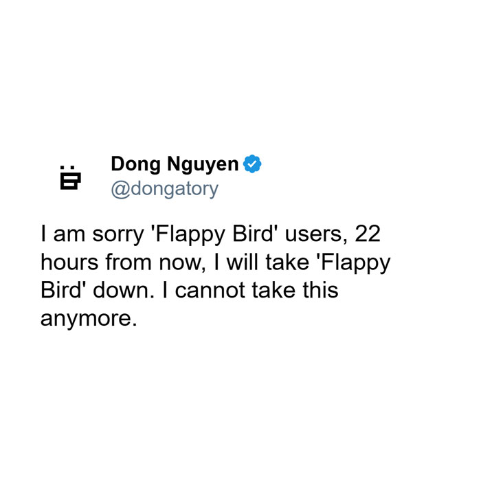 Tweet from Flappy Bird creator Dong Nguyen announcing the game&rsquo;s removal, related to why Flappy Bird got banned.