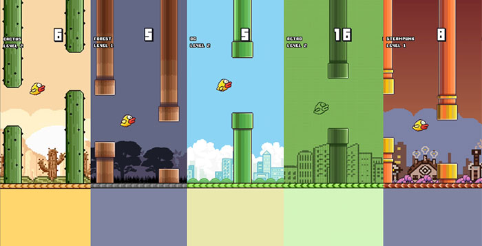 Flappy Bird gameplay shown across different levels with pipes and birds, illustrating why Flappy Bird got banned.