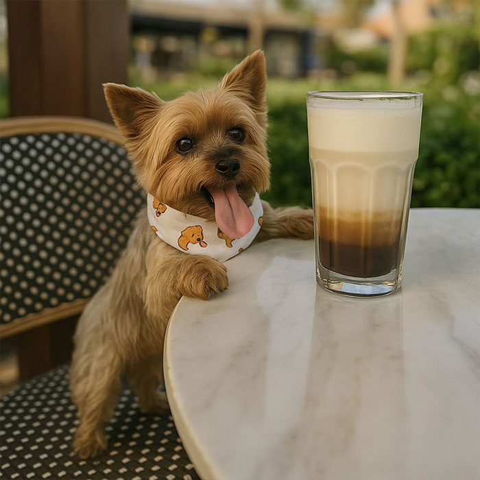 Small dog with tongue out wearing a patterned bandana standing by a table with a layered coffee drink.