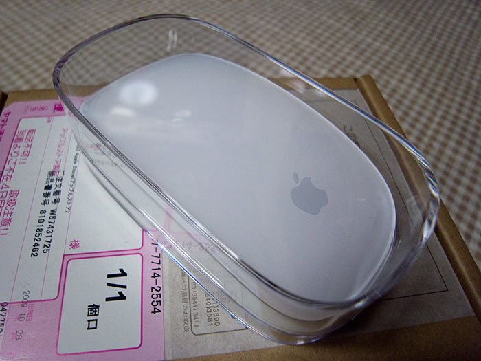 Apple Magic Mouse in a clear plastic case on top of a cardboard package, showing product design flaws frustrating users.