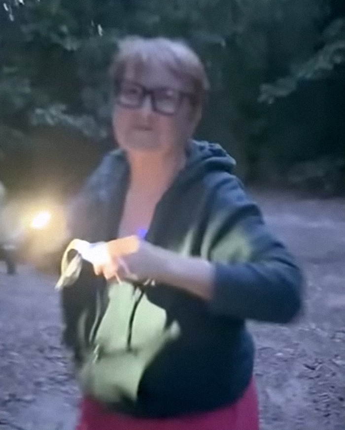 Woman known as Bagpipe Karen caught on camera violently raging at man in park during confrontation with his wife at dusk.