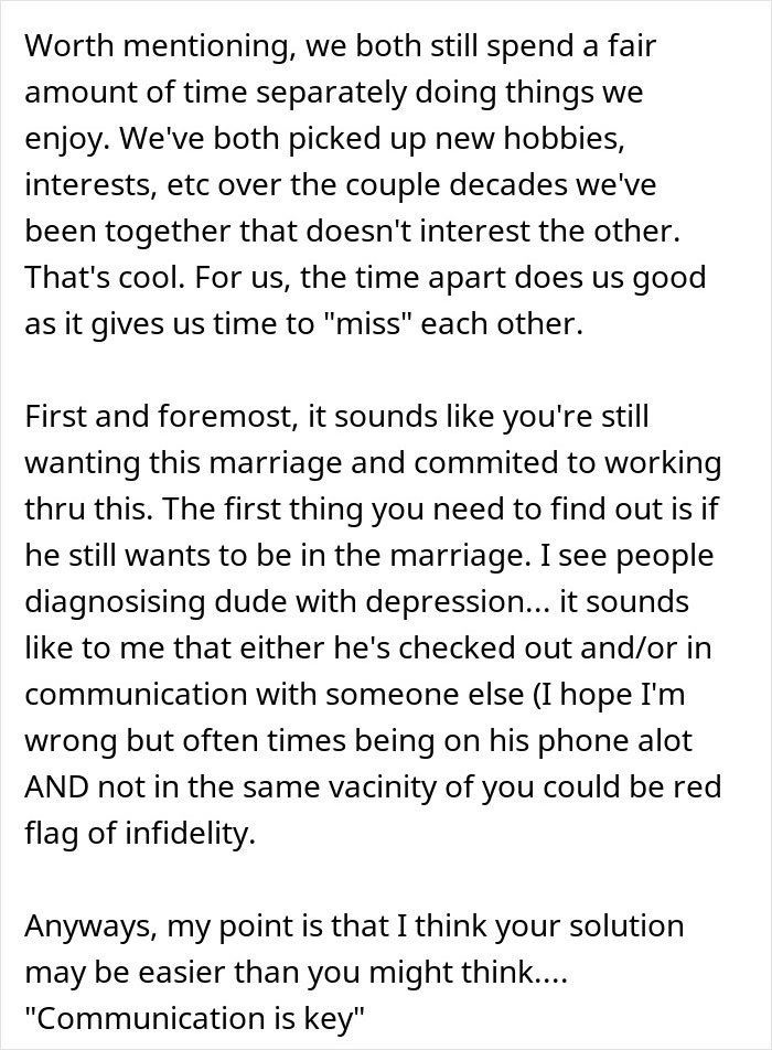 Text excerpt discussing a man’s slow change in behavior and the impact on his marriage, highlighting communication and relationship concerns. Text excerpt discussing a man’s slow change in behavior and the impact on his marriage, highlighting communication and relationship concerns.