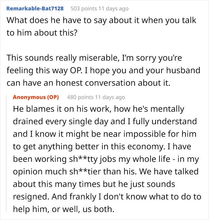 Reddit conversation showing a wife questioning her marriage due to her man's slow change in behavior and emotional distance. Reddit conversation showing a wife questioning her marriage due to her man's slow change in behavior and emotional distance.