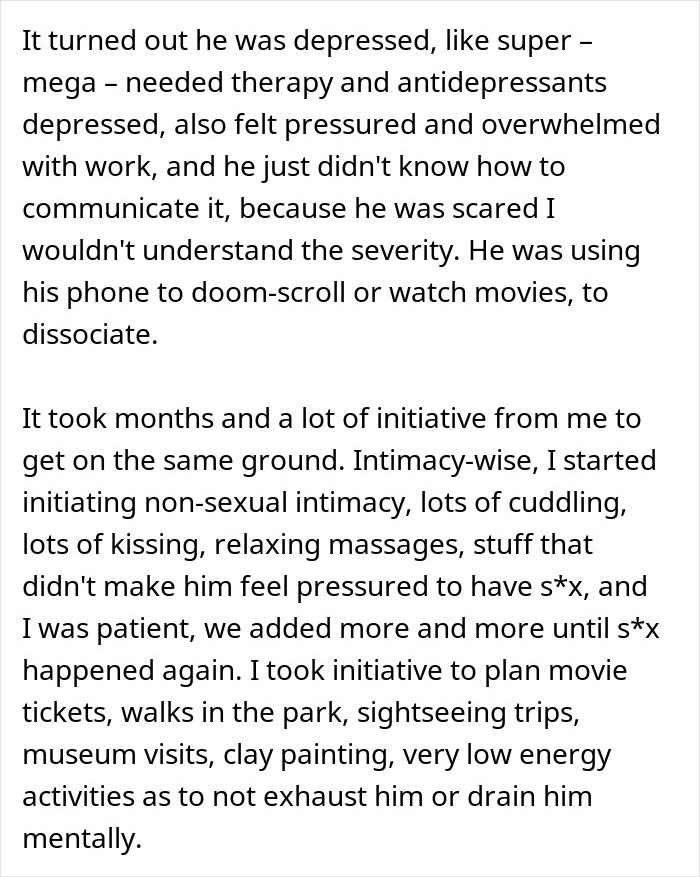 Text about man’s slow change in behavior, depression, and wife’s efforts to restore intimacy and connection in marriage. Text about man’s slow change in behavior, depression, and wife’s efforts to restore intimacy and connection in marriage.
