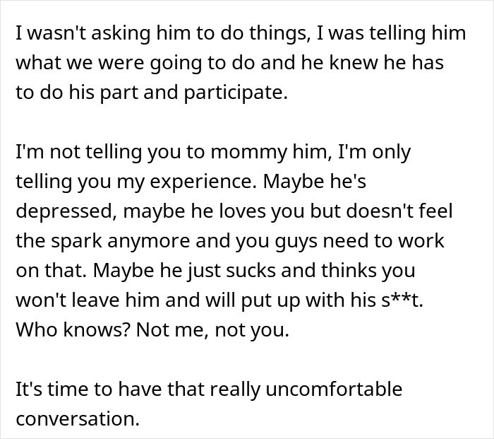 Text excerpt showing a wife questioning her marriage due to her man’s slow change in behavior and lack of spark. Text excerpt showing a wife questioning her marriage due to her man’s slow change in behavior and lack of spark.