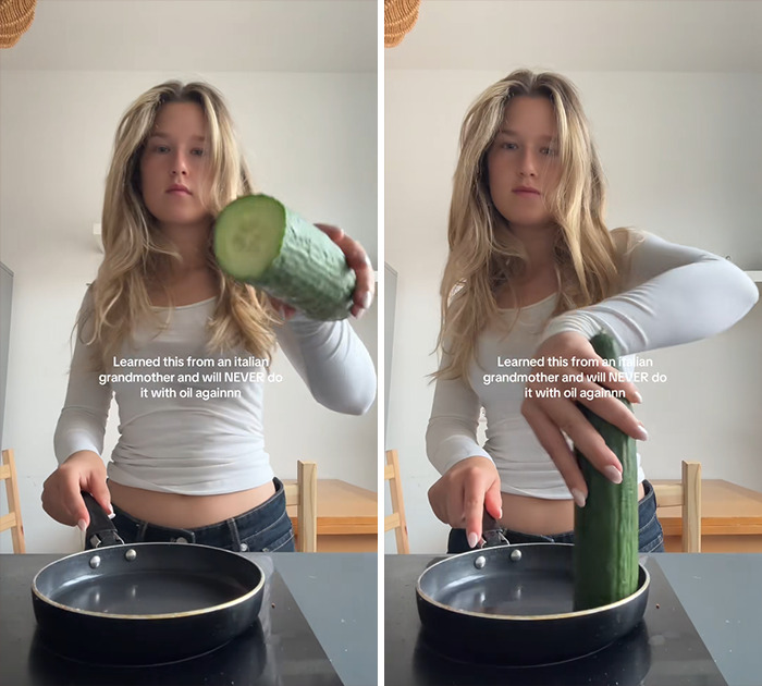 Woman demonstrating bizarre egg frying technique learned from her Italian grandmother using a cucumber and frying pan. Woman demonstrating bizarre egg frying technique learned from her Italian grandmother using a cucumber and frying pan.