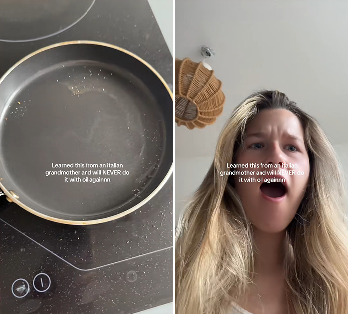 Woman reacting to unusual egg frying technique learned from her Italian grandmother, with a frying pan on a stovetop. Woman reacting to unusual egg frying technique learned from her Italian grandmother, with a frying pan on a stovetop.