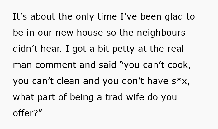 Alt text: Text expressing frustration about tradwife expectations and roles discussed between husband and wife.