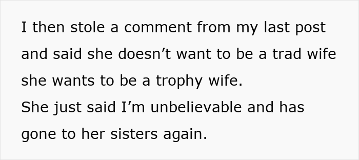 Text about a woman refusing to be a tradwife and the husband explaining what being a tradwife means.