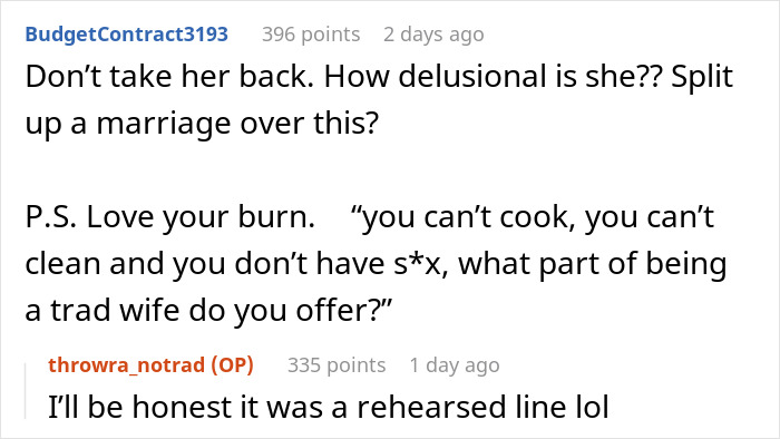 Reddit comments discussing a woman asking her husband about being a tradwife and his blunt response.
