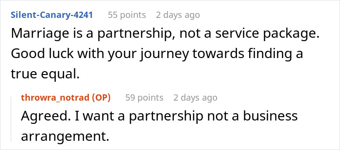 Alt text: Online discussion about husband and wife roles, tradwife expectations, and partnership dynamics in marriage conversation.