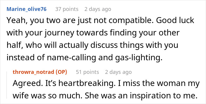 Screenshot of a Reddit conversation about a woman asking her husband to be a tradwife and their relationship compatibility.