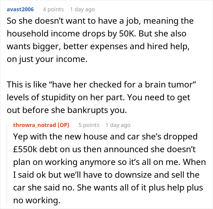 Reddit comments discussing a husband&rsquo;s frustration with his wife wanting to be a tradwife without contributing financially.