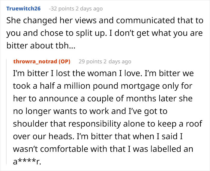 Reddit conversation showing a husband expressing bitterness about tradwife expectations and mortgage responsibilities.