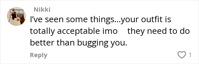 Comment from Nikki supporting woman complaining about Disney staff scolding her for inappropriate outfit. Comment from Nikki supporting woman complaining about Disney staff scolding her for inappropriate outfit.