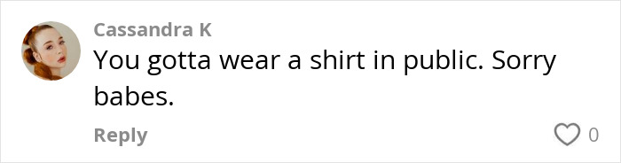Comment by Cassandra K about wearing a shirt in public related to woman complaining about Disney staff outfit dispute. Comment by Cassandra K about wearing a shirt in public related to woman complaining about Disney staff outfit dispute.