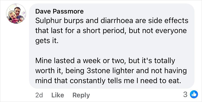 Comment about sulphur burps and diarrhea as side effects of Mounjaro during weight loss journey shared online.