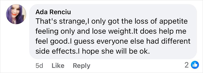 Comment from Ada Renciu discussing weight loss and side effects while hoping the woman who dropped 84 lbs on Mounjaro will be okay.