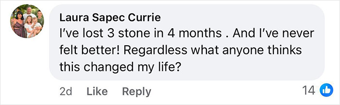 Comment from a woman about her weight loss journey and wellbeing after using Mounjaro, sharing positive results despite challenges.