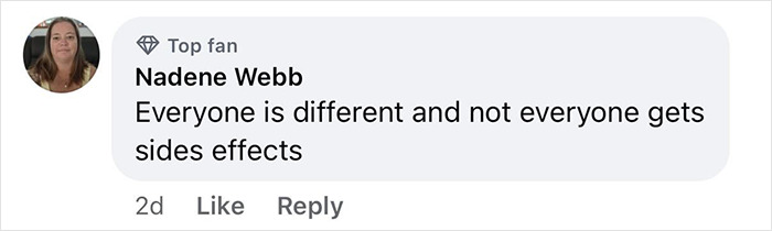 Facebook comment from Nadene Webb discussing differing side effects of Mounjaro in weight loss experiences.