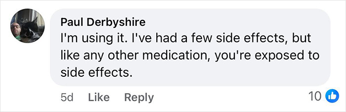 Facebook comment by Paul Derbyshire discussing side effects experienced while using Mounjaro medication.
