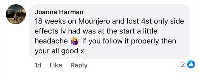 Comment by Joanna Harman about losing weight on Mounjaro, mentioning side effects like headaches and progress over 18 weeks.