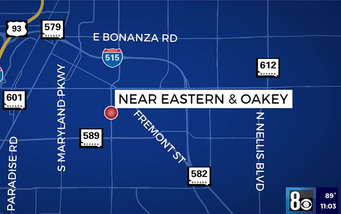 Map highlighting a location near Eastern and Oakey roads in Nevada related to a woman who slew boyfriend after finding a tampon.