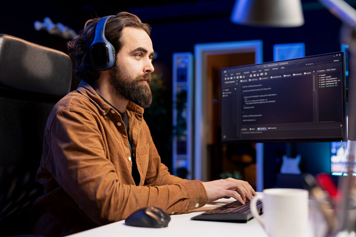 Employee sabotages work laptop, focused man with headphones typing code on computer in dimly lit office environment. Employee sabotages work laptop, focused man with headphones typing code on computer in dimly lit office environment.