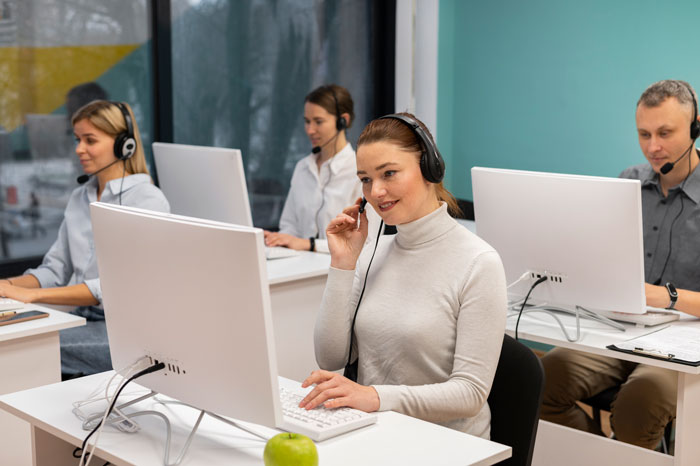 Employee working at office desk with headset, focused on computer, reflecting workplace frustration and laptop sabotage risk. Employee working at office desk with headset, focused on computer, reflecting workplace frustration and laptop sabotage risk.