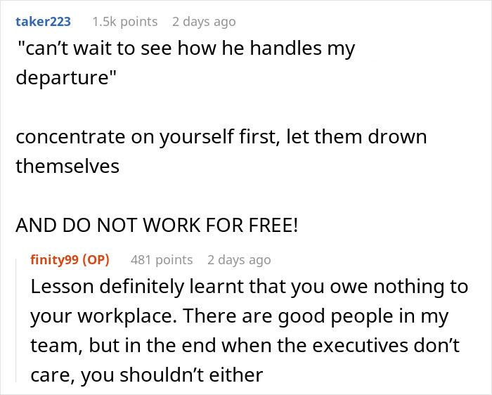 Online comments discussing an employee&rsquo;s experience working 30 hours overtime and workplace challenges.